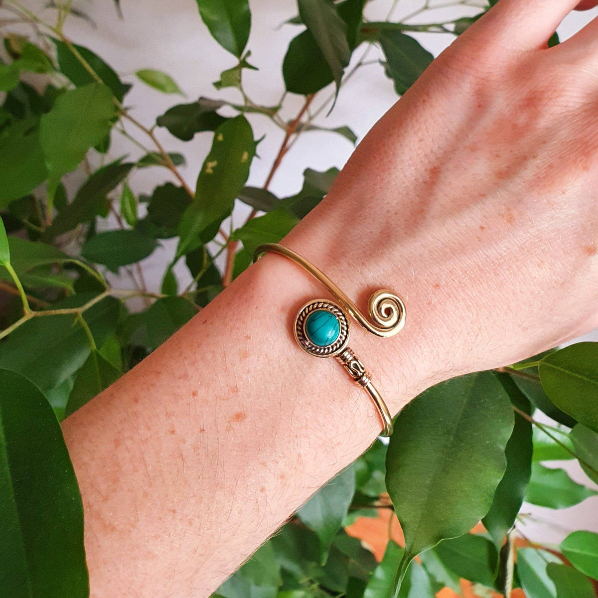 Gold Bracelet & Labradorite / Brass / Adjustable / Spiral / Ethnic / Rustic / Bohemian / Boho /