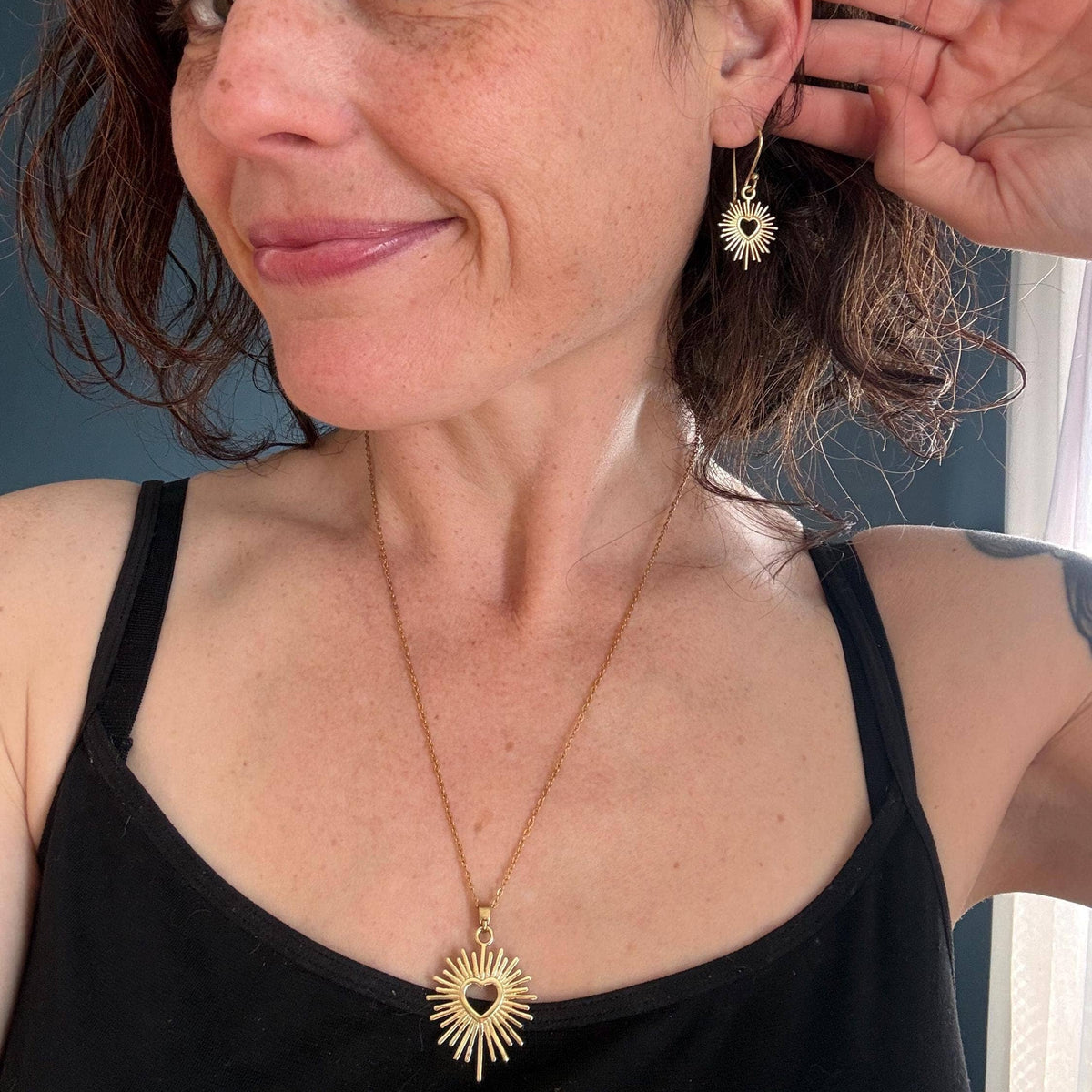 Sacred Heart Pendant Necklace, Mexican Milagro Inspired Necklace, Sunburst Heart Necklace, Boho Gold Necklace