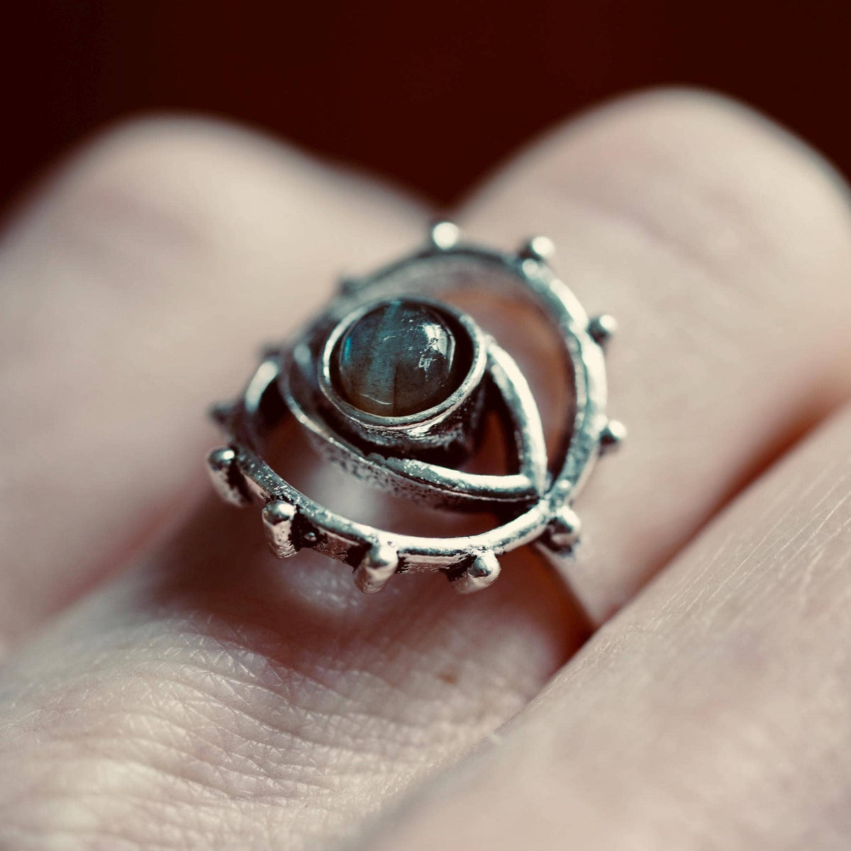 Labradorite Silver Eye Ring, Silver Plated Non Tarnish Ring, Boho Statement Ring, Evil Eye Inspired Ring