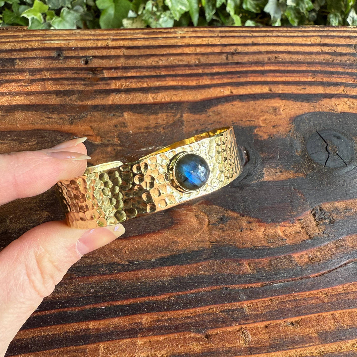 Hammered Brass Bracelet Labradorite , Adjustable Bohemian Jewellery, Ethnic Style, Rustic