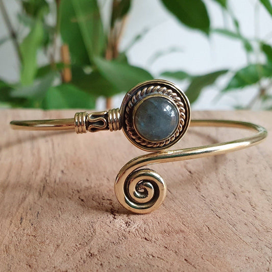 Gold Bracelet & Labradorite / Brass / Adjustable / Spiral / Ethnic / Rustic / Bohemian / Boho /