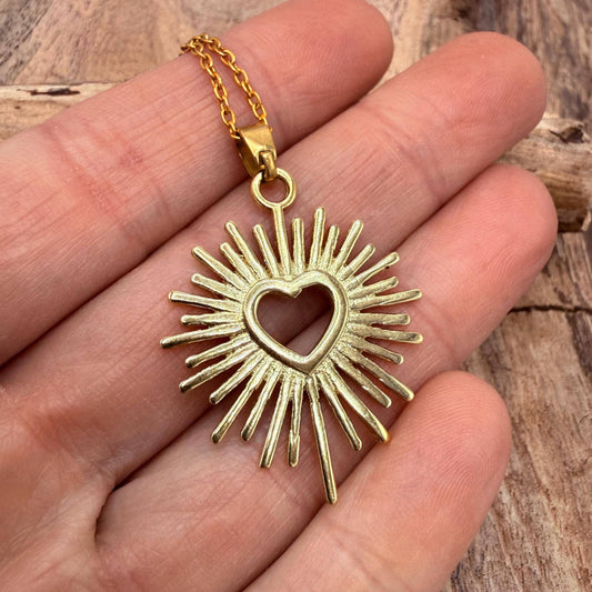 Sacred Heart Pendant Necklace, Mexican Milagro Inspired Necklace, Sunburst Heart Necklace, Boho Gold Necklace