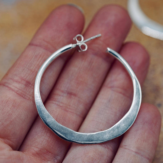 Hammered Flat Silver Hoop Earrings Butterfly Back, Irregular Silver Hoops, Ethnic Jewellery, Everyday Silver Earrings