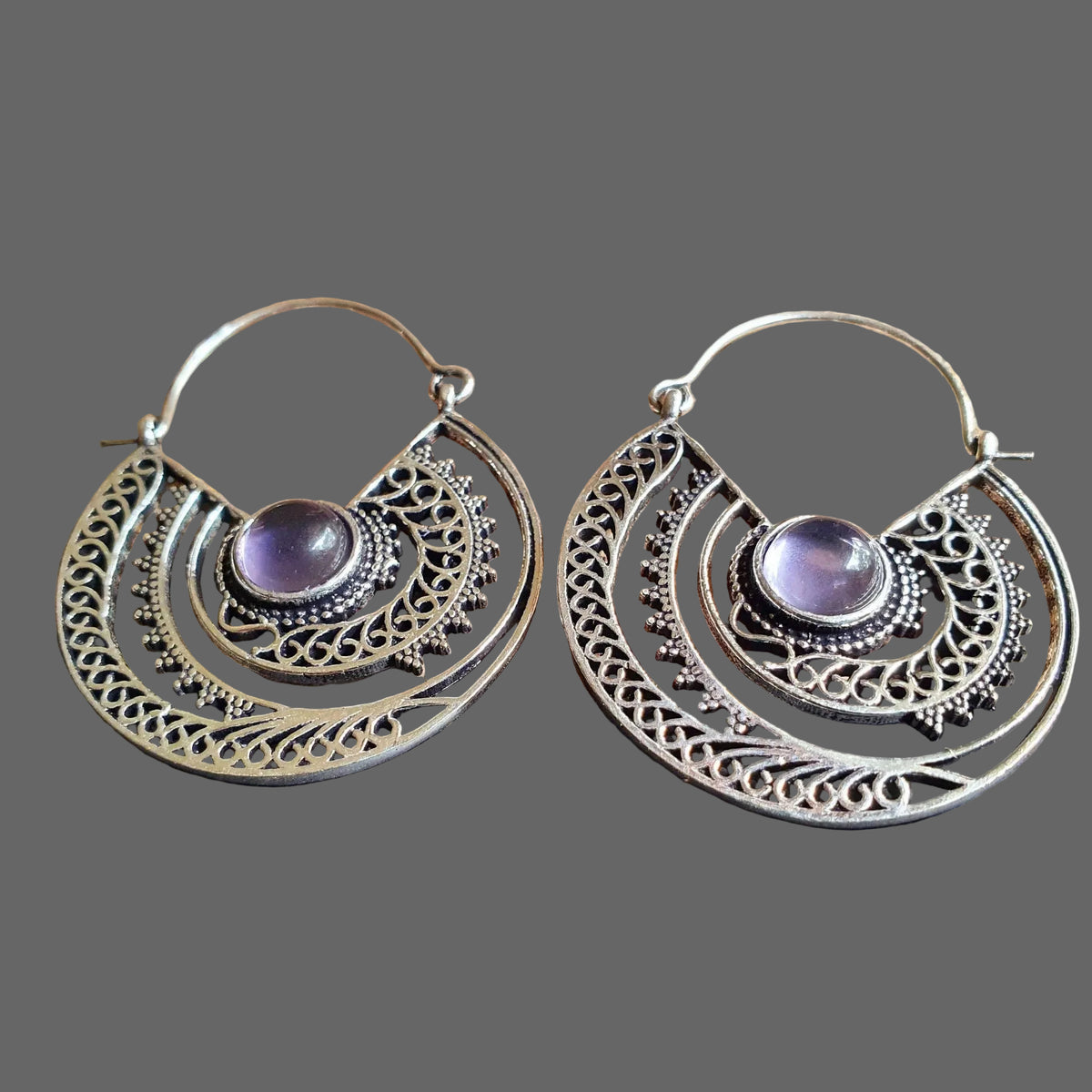 Amethyst & Silver Hoop Earrings Ethnic, rustic, yoga, hippie, gypsy, pretty, psy, boho, bohemian, festival
