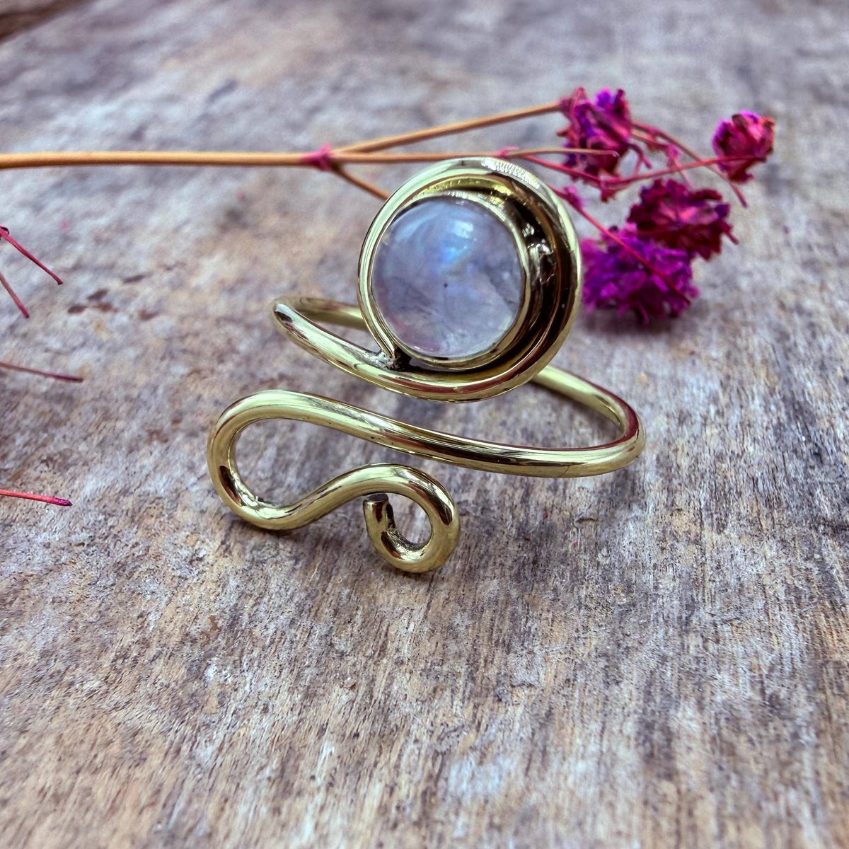 Boho Moonstone Brass Ring, Adjustable Ring