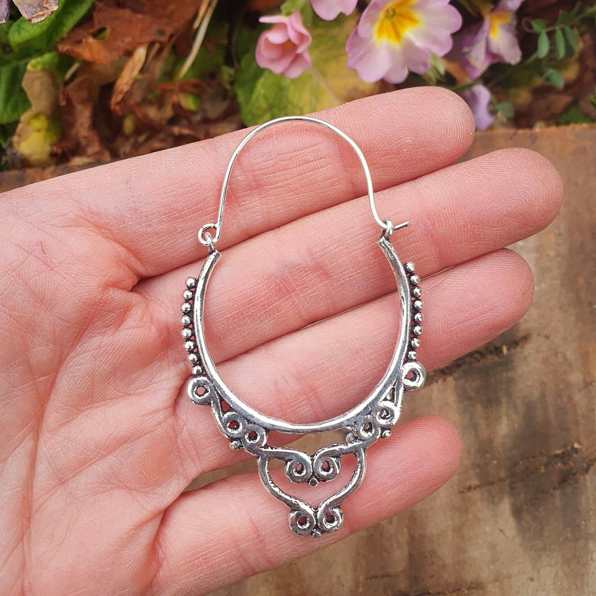 Large Ethnic Silver Hoop Earrings; Ethnic, Geometric, Rustic, Yoga, Hippie, Gypsy, Pretty, Psy, Boho, Bohemian, Festival