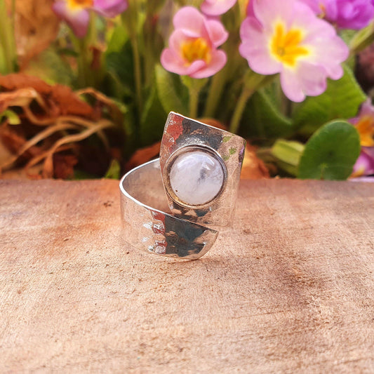 Hammered Silver Moonstone Ring, Adjustable Boho Ring