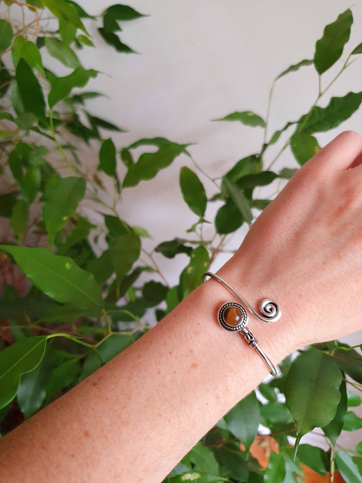 Silver Bracelet & Tiger Eye / Brass / Adjustable / Spiral / Ethnic / Rustic / Bohemian / Boho /