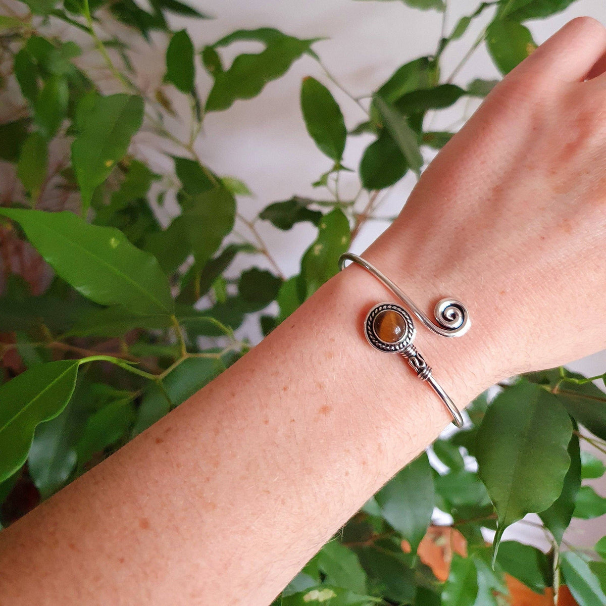 Silver Bracelet & Tiger Eye / Brass / Adjustable / Spiral / Ethnic / Rustic / Bohemian / Boho /