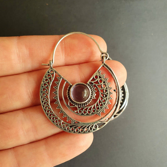 Amethyst & Silver Hoop Earrings Ethnic, rustic, yoga, hippie, gypsy, pretty, psy, boho, bohemian, festival