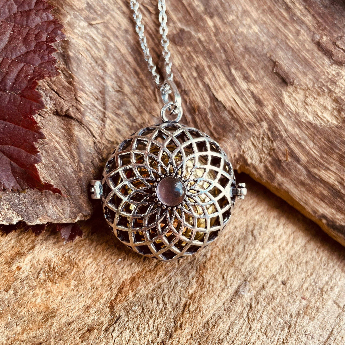 Silver Bola Necklace Brass & Amethyst / Pregnancy / Hypoallergenic / Harmony Ball / Chimes / Bell / Vegan / Ethnic / Boho / Hippie /