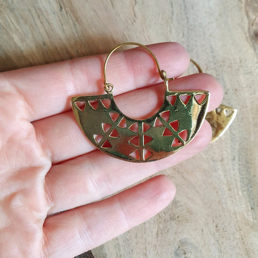 Aztec Inca Style Brass Earrings; Ethnic, Geometric, Rustic, Yoga, Hippie, Gypsy, Pretty, Psy, Boho, Bohemian, Festival
