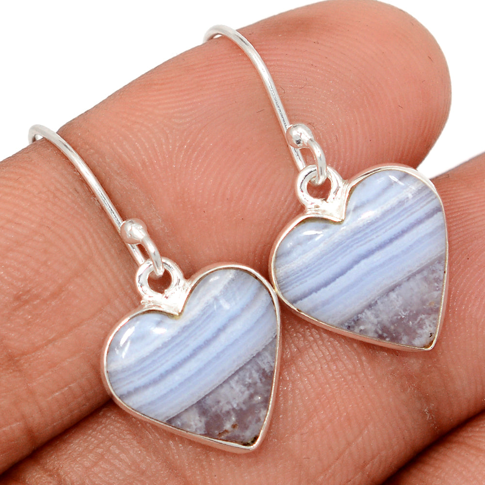 Blue Lace Agate Sterling Silver Heart Earrings