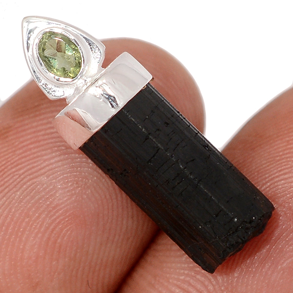 Sterling Silver Black Tourmaline & Moldavite Pendant