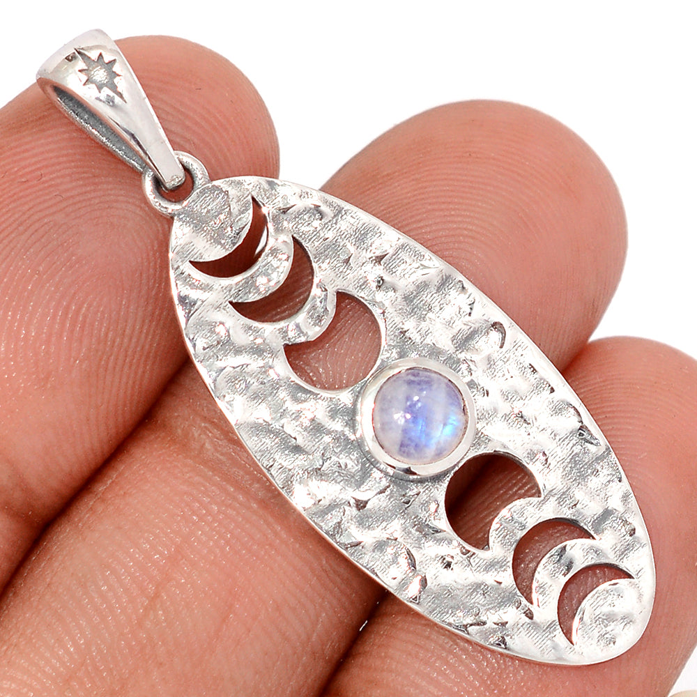 Sterling Silver Rainbow Moonstone Moon Phases Pendant