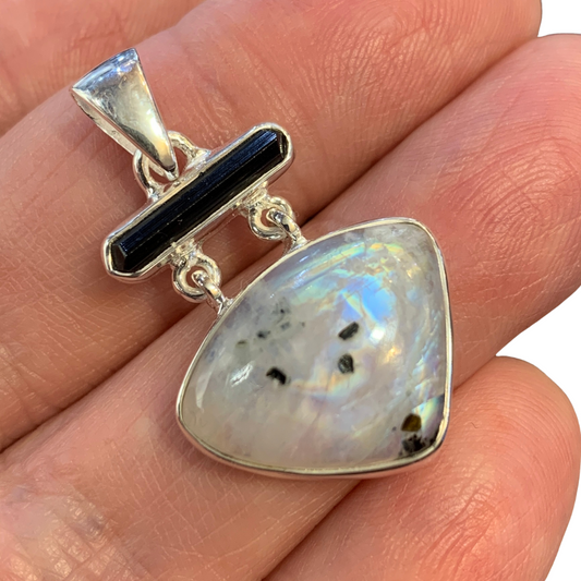 Rainbow Moonstone & Black Tourmaline Sterling Silver Pendant