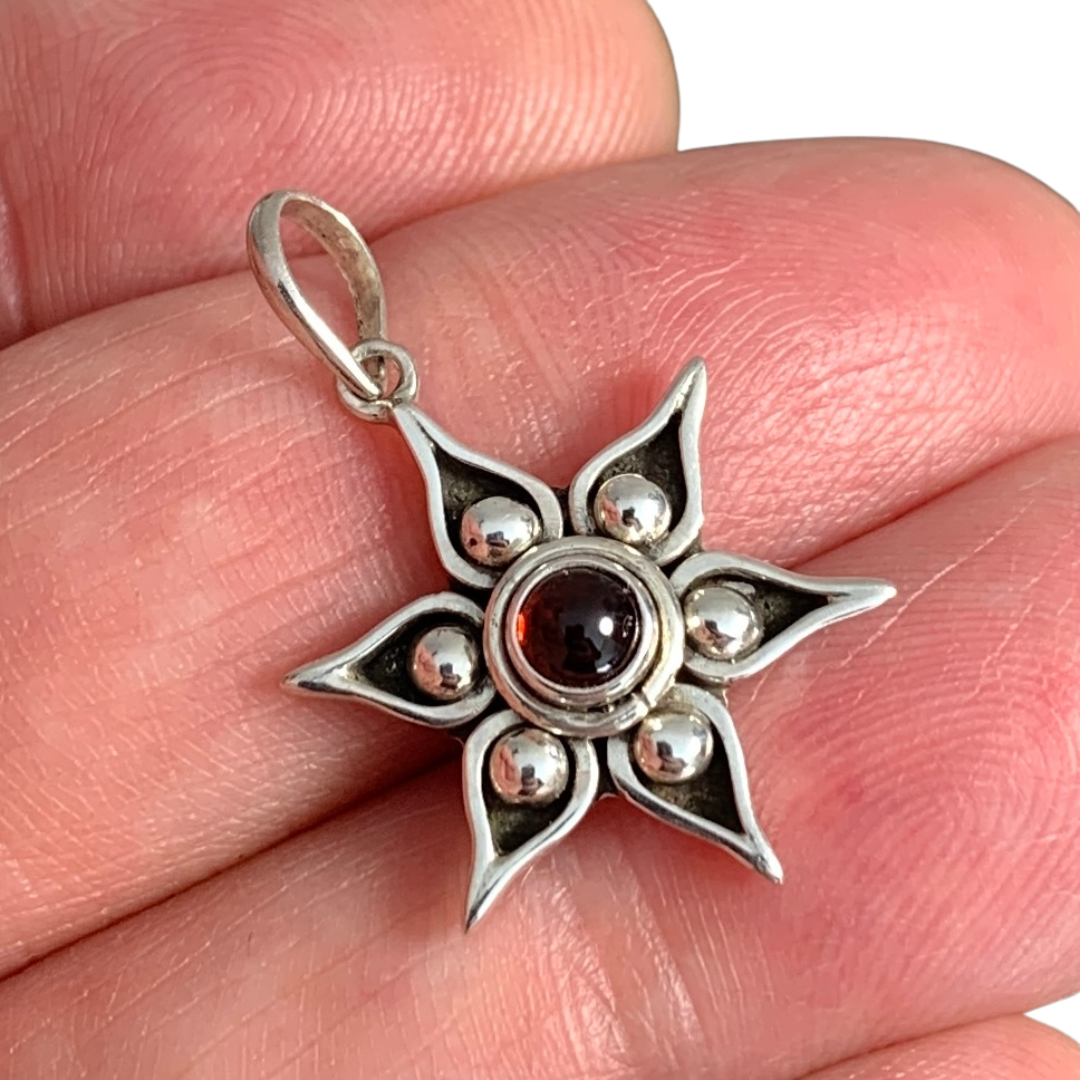 Sterling Silver Garnet Flower Pendant