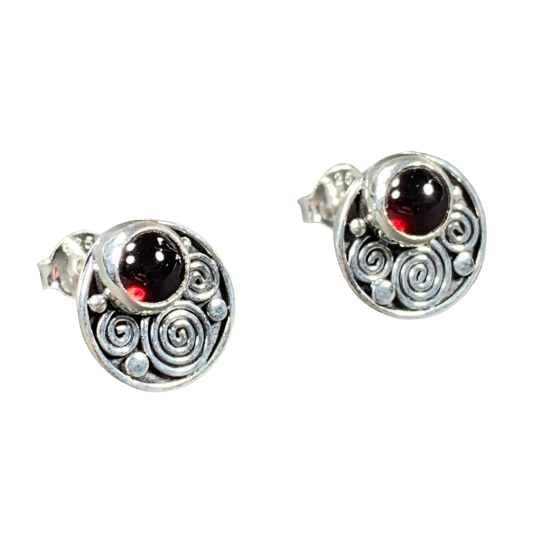 Sterling Silver Spiral Garnet Studs