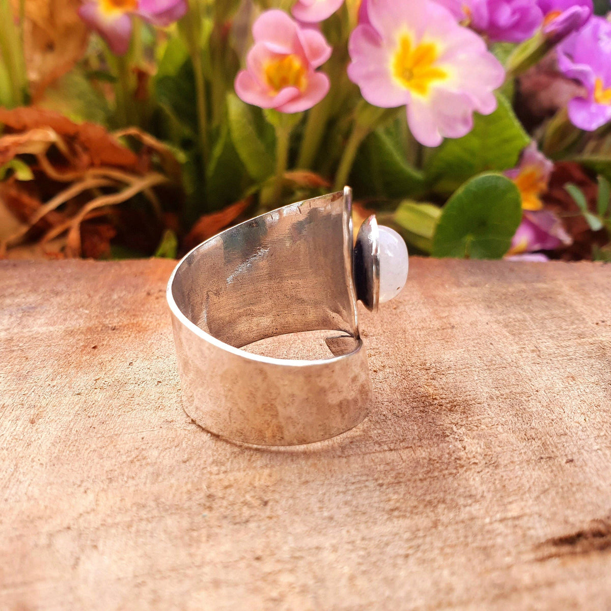 Hammered Silver Moonstone Ring, Adjustable Boho Ring