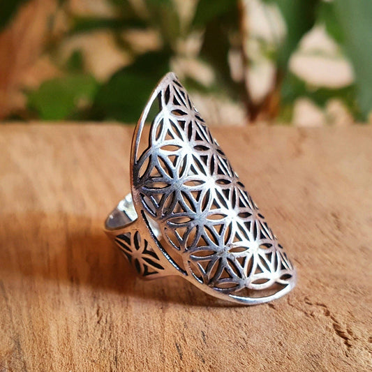 Flower of Life Geometric Mandala Silver Ring / Boho / Ethnic / Rustic / Festival / Tribal / Hippie / Gypsy / Psy / Thumb / Psy