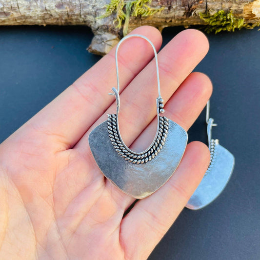 Indian Style Long Drop Silver Earrings; Ethnic, Geometric, rustic, yoga, hippie, gypsy, pretty, psy, boho, bohemian, festival