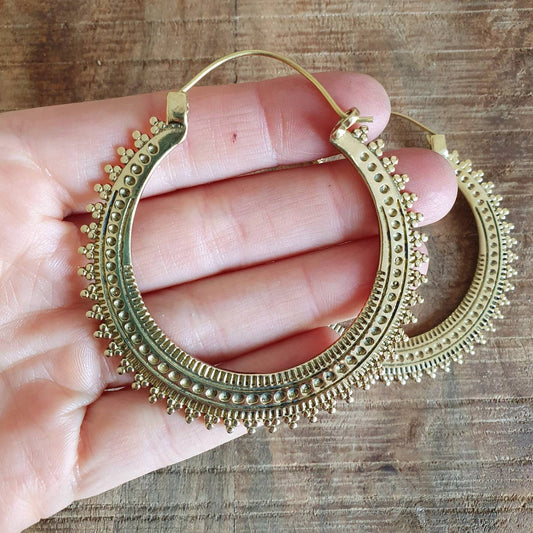 Large Boho Gold Hoops Tunnels; Boho Ethnic Rustic Indian Festival Psy Gypsy Spiral Hippie Style