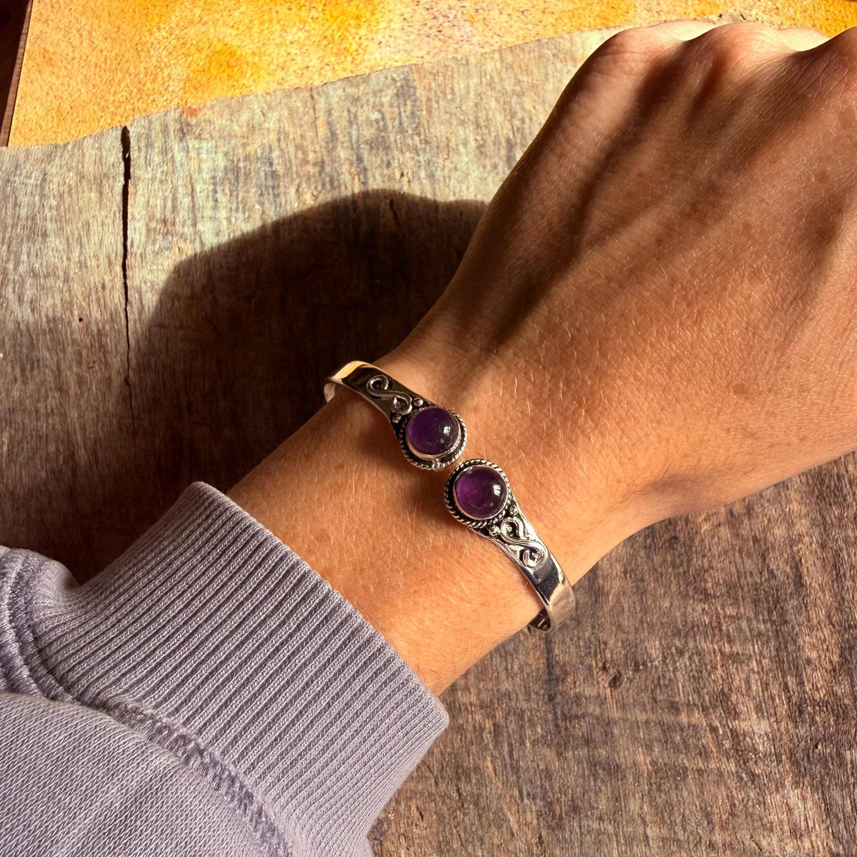 Amethyst Silver Cuff Bracelet, Spiritual Bracelet, Boho Silver Bangle, Statement Cuff, Feminine Jewellery, Gift for Her