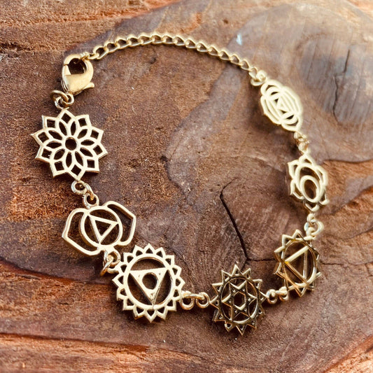 Gold Seven 7 Chakras Bracelet Brass Chain / Yoga / Reiki / Boho / Hippie / Rustic / Ethnic / Crystals / Third Eye / Illuminati