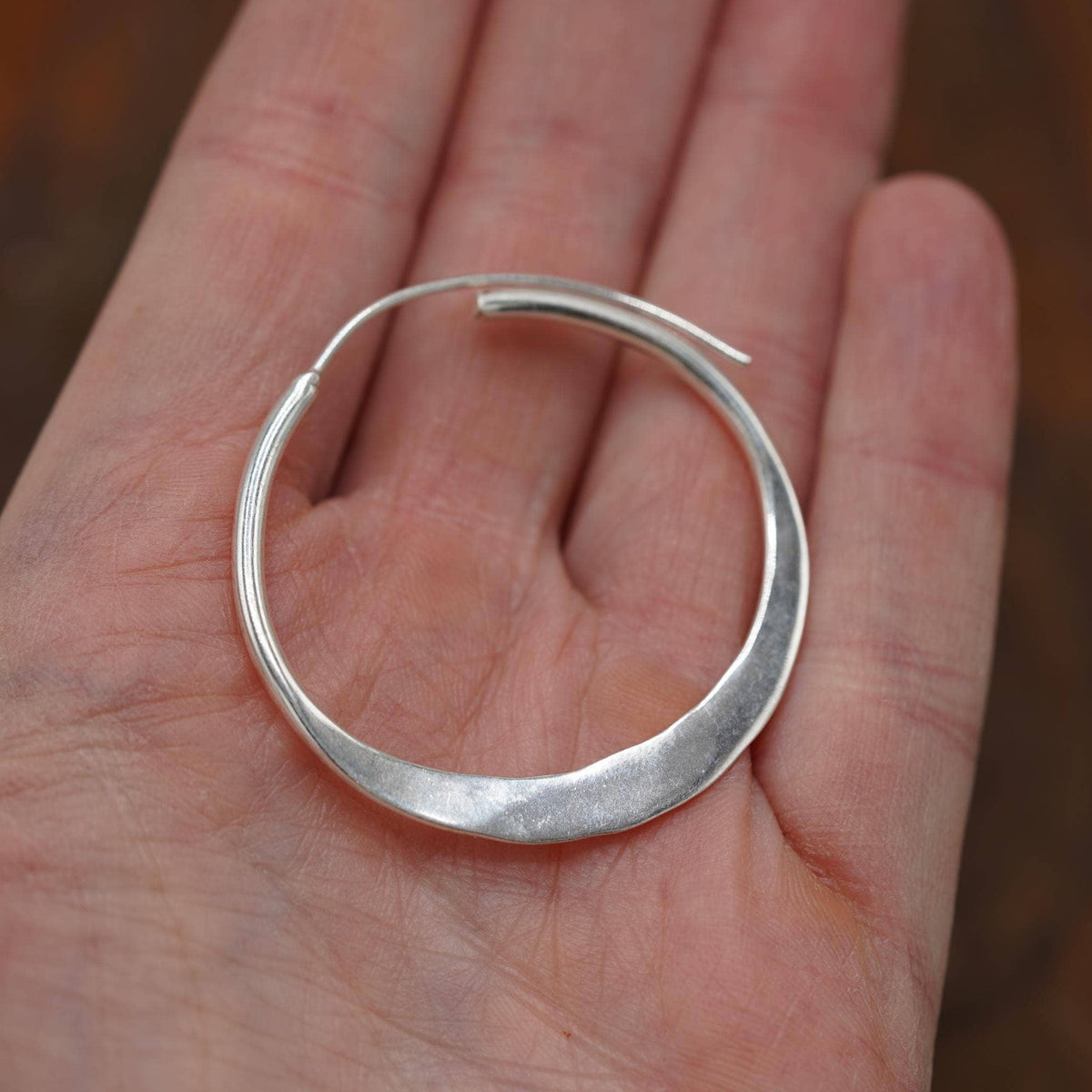 Hammered Flat Silver Hoop Earrings, Bohemian Hoops, Ethnic Jewellery, Everyday Silver Earrings