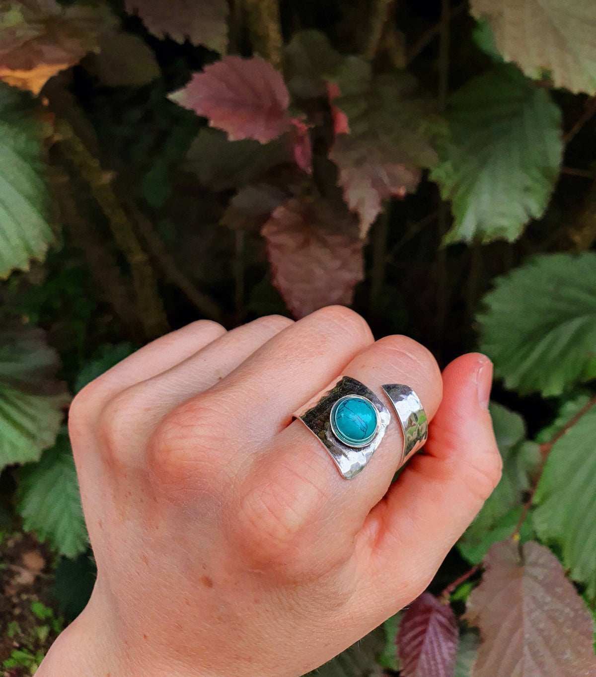 Hammered Silver Ring Turquoise, Boho Adjustable Turquoise Ring