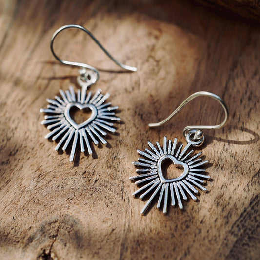 Silver Sacred Heart Earrings, Small Mexican Milagro Inspired Earrings, Sunburst Heart Dangles, Boho Silver Earrings