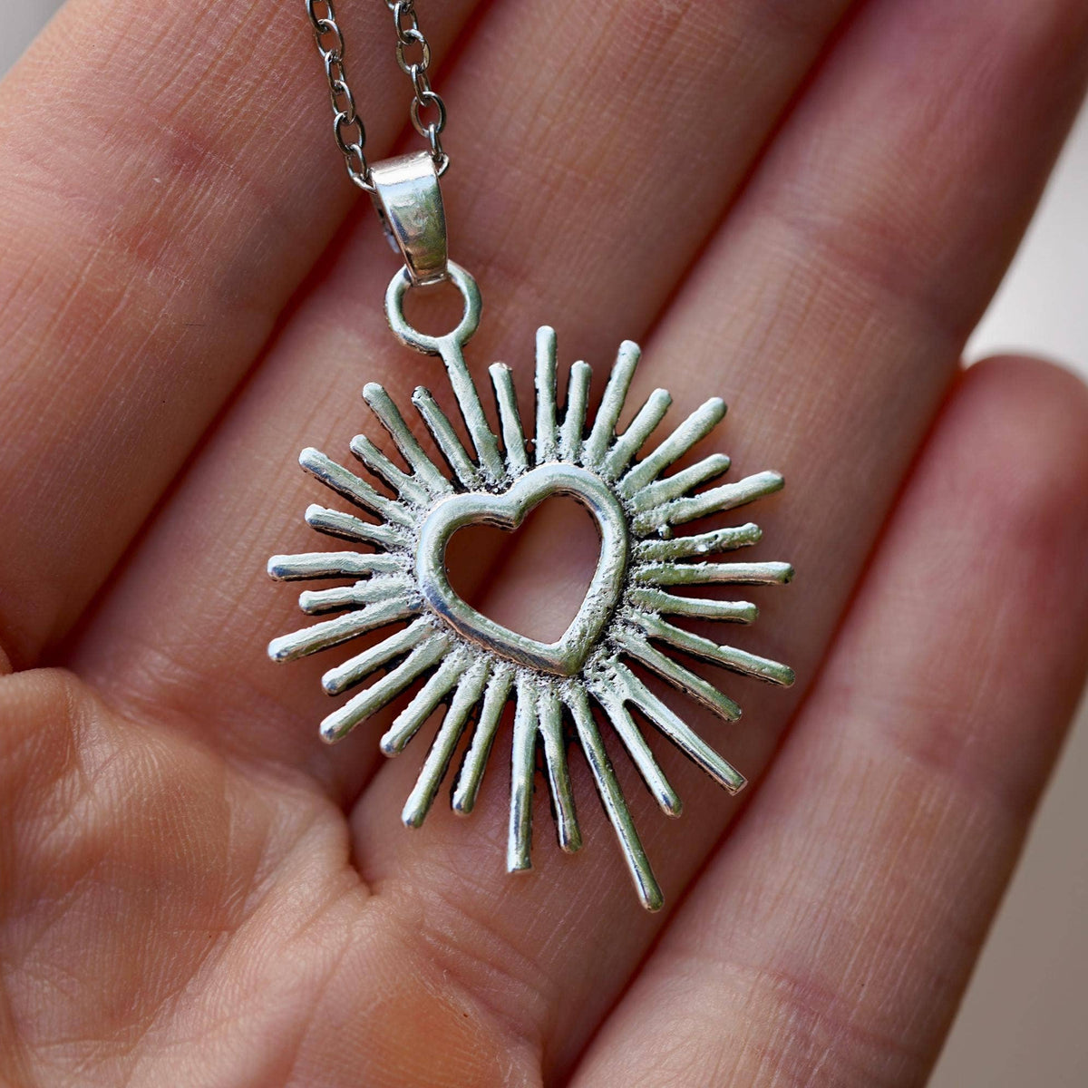 Mexican Sacred Heart Silver Pendant Necklace 50cm Stainless Steel Chain, Milagro Inspired Necklace, Sunburst Heart Necklace