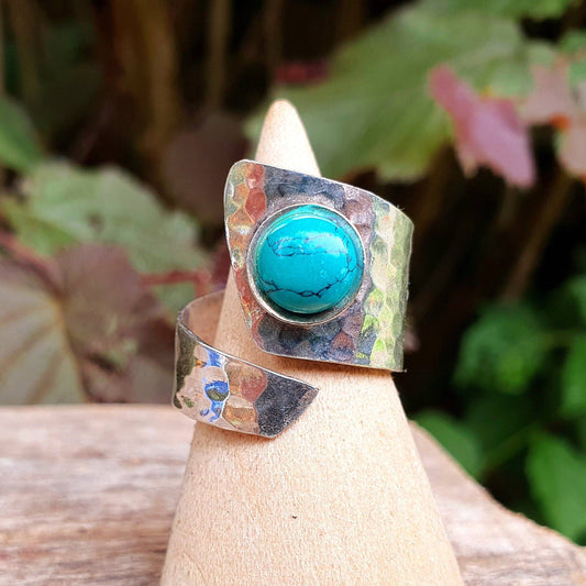 Hammered Silver Ring Turquoise, Boho Adjustable Turquoise Ring