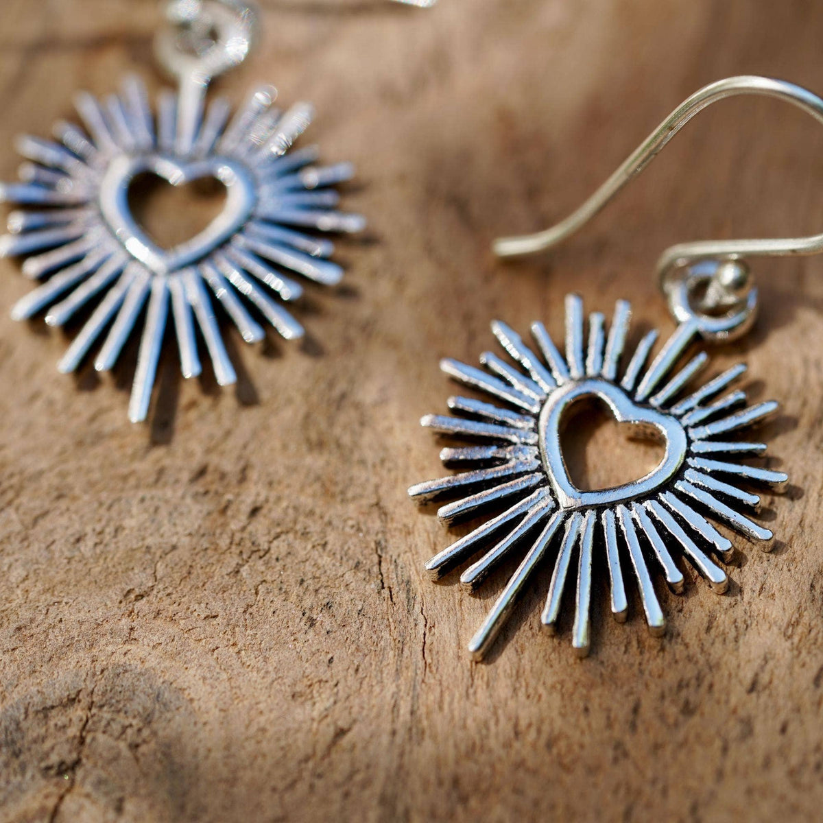 Silver Sacred Heart Earrings, Small Mexican Milagro Inspired Earrings, Sunburst Heart Dangles, Boho Silver Earrings