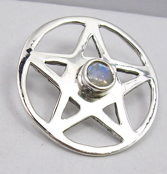 Rainbow Moonstone Sterling Silver Pentagram Pendant