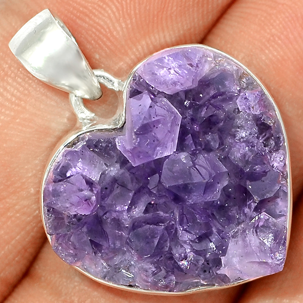 Sterling Silver Amethyst Druzy Heart Pendant