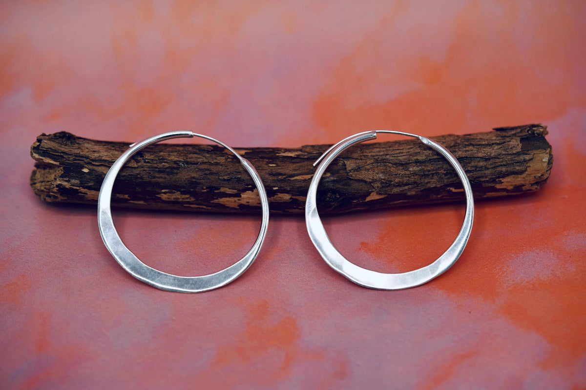 Hammered Flat Silver Hoop Earrings, Bohemian Hoops, Ethnic Jewellery, Everyday Silver Earrings