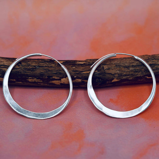 Hammered Flat Silver Hoop Earrings, Bohemian Hoops, Ethnic Jewellery, Everyday Silver Earrings