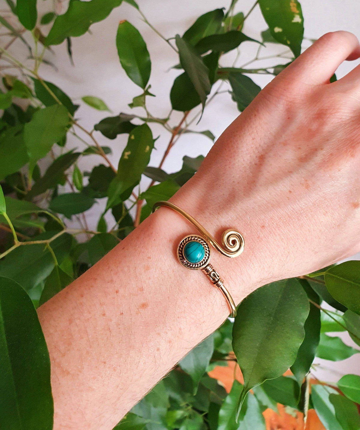 Gold Bracelet & Labradorite / Brass / Adjustable / Spiral / Ethnic / Rustic / Bohemian  / Boho /
