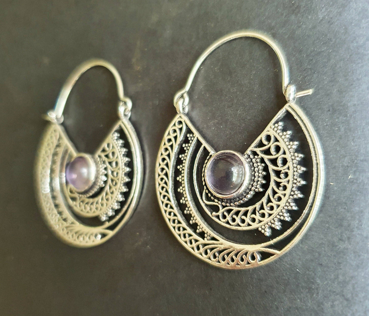 Amethyst & Silver Hoop Earrings Ethnic, rustic, yoga, hippie, gypsy, pretty, psy, boho, bohemian, festival