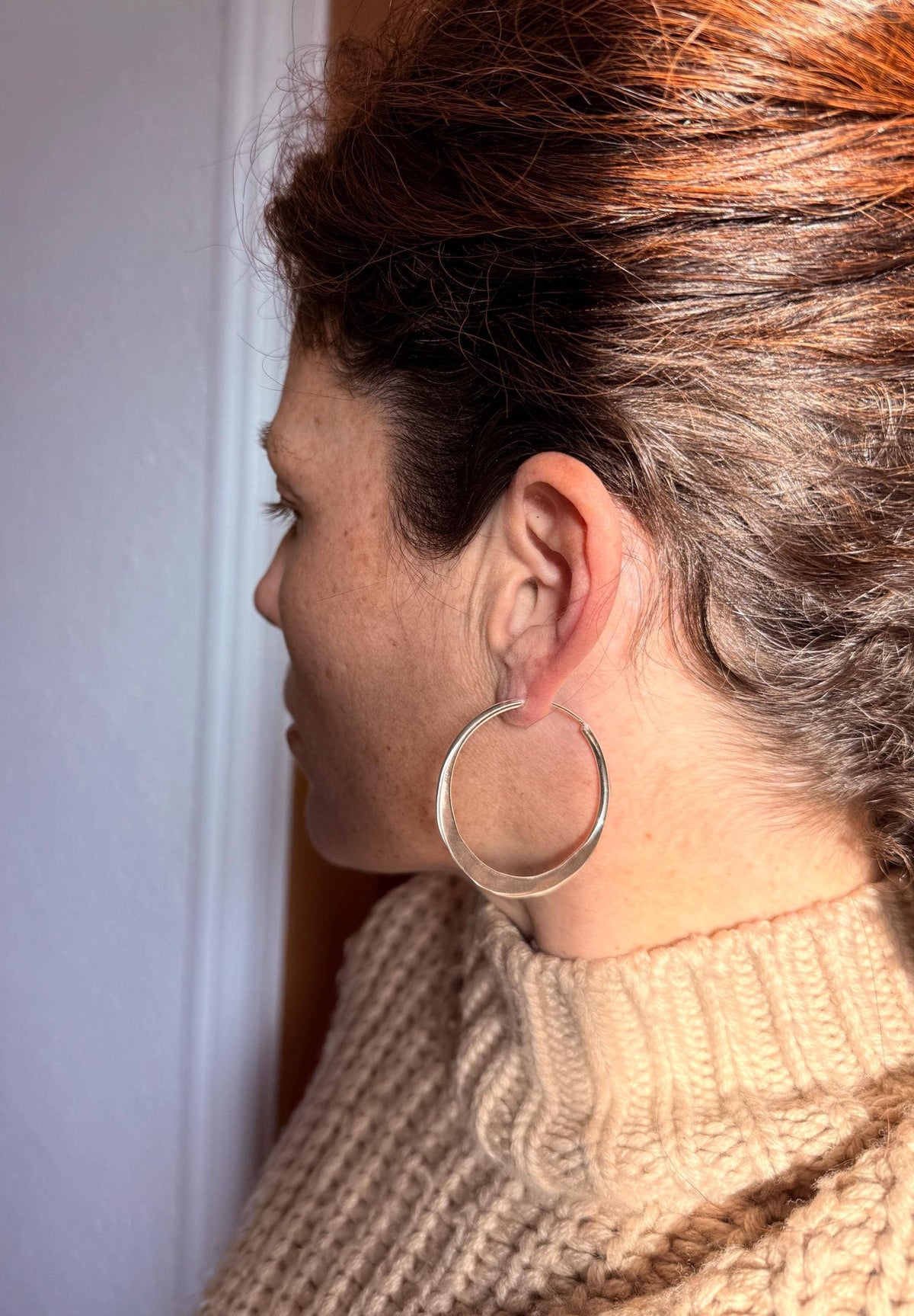 Hammered Flat Silver Hoop Earrings, Bohemian Hoops, Ethnic Jewellery, Everyday Silver Earrings