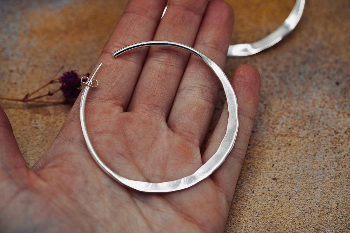 Hammered Flat Silver Hoop Earrings Butterfly Back, Irregular Silver Hoops, Ethnic Jewellery, Everyday Silver Earrings