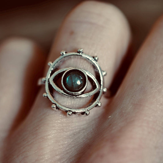 Labradorite Silver Eye Ring, Silver Plated Non Tarnish Ring, Boho Statement Ring, Evil Eye Inspired Ring