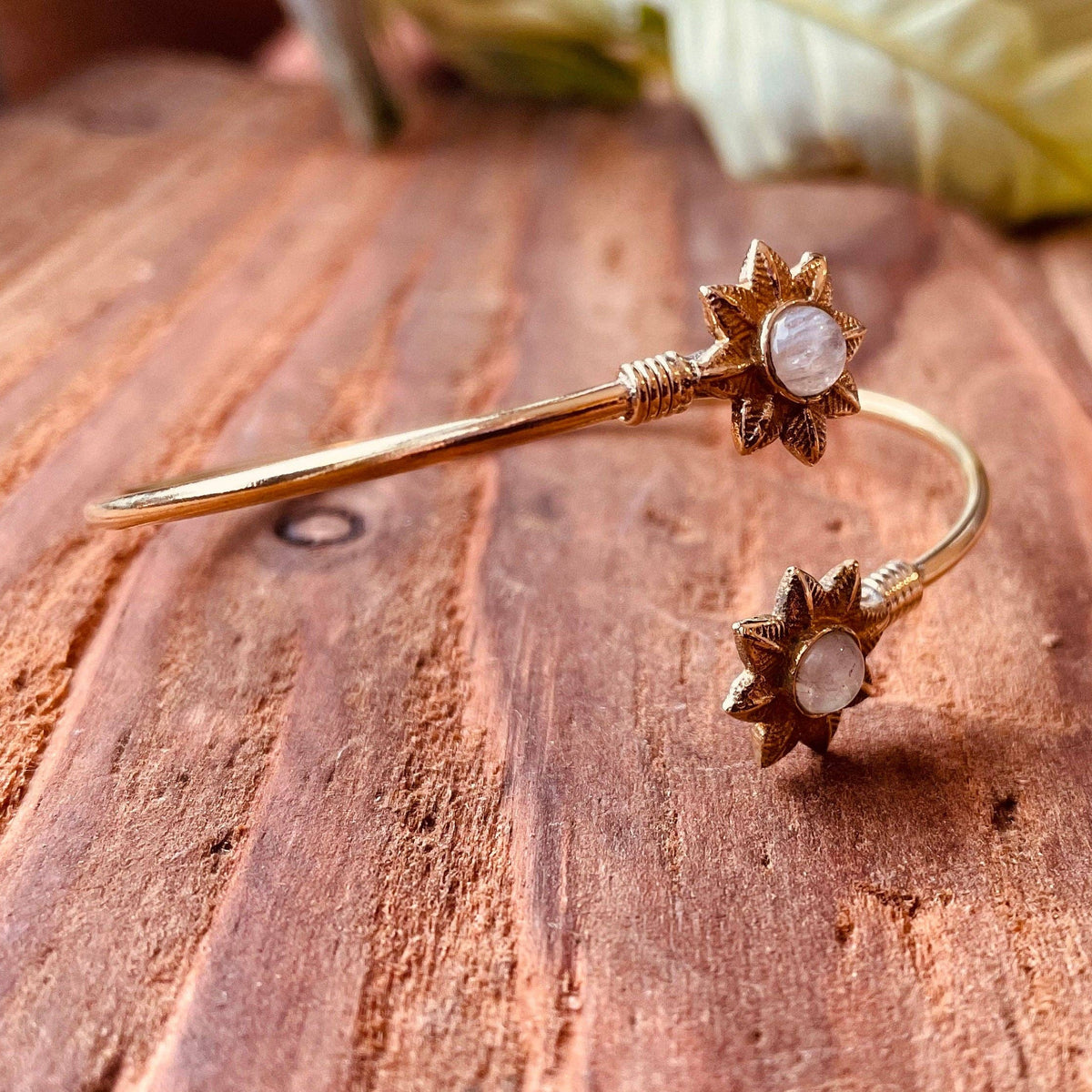 Moonstone Flower Boho Brass Bracelet /  Adjustable / Gold Bangle / Ethnic / Rustic / Bohemian / Hippie / Gypsy / Psy / Bohemian Jewelery