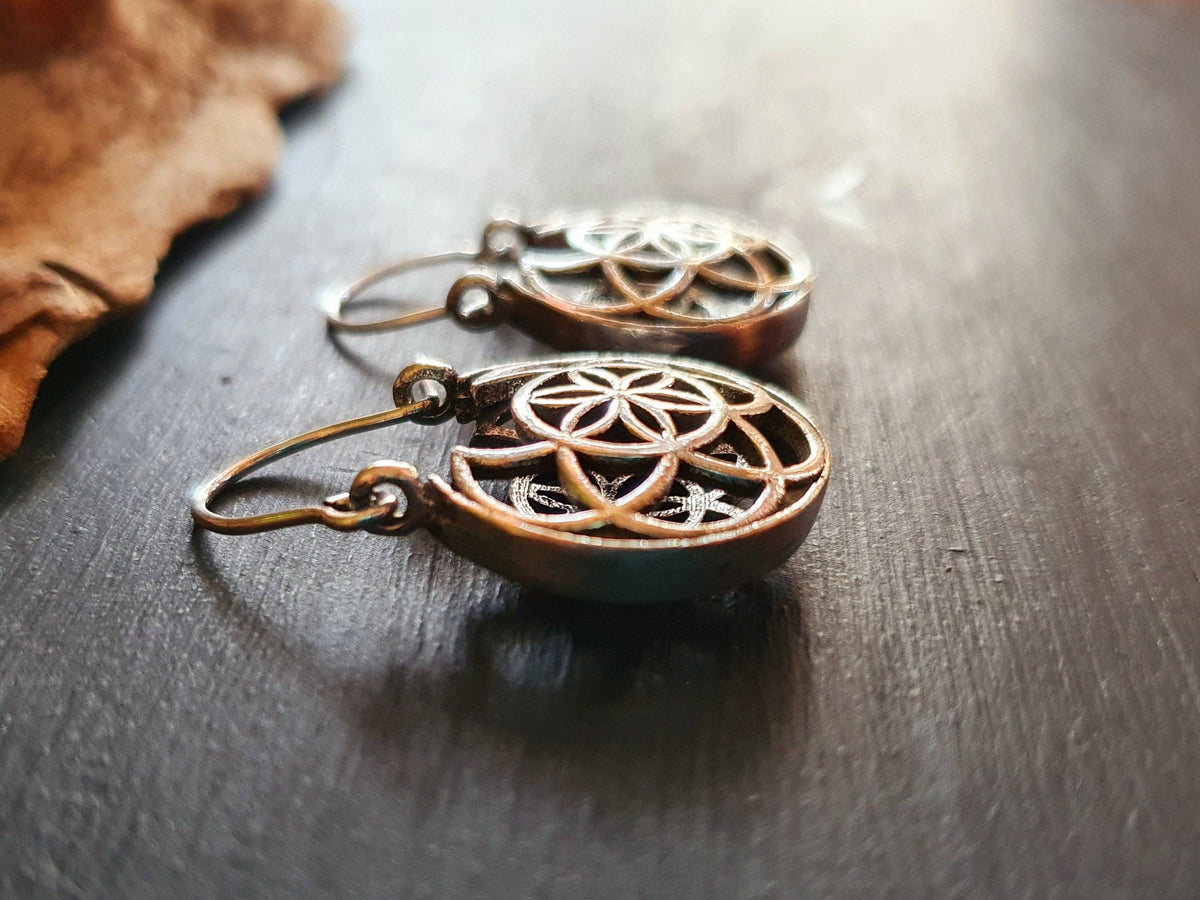 Boho Seed of Life Silver Earrings; Ethnic, Geometric,  Small, Rustic, Yoga, Hippie, Gypsy, Pretty, Ssy, Boho, Bohemian, Festival