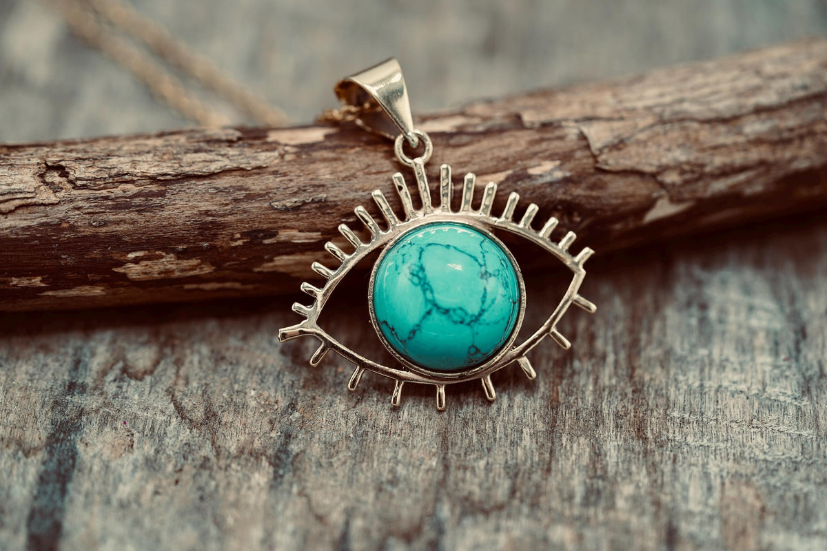 Chunky Turquoise Eye of Protection Necklace Stainless Steel Chain 50cm