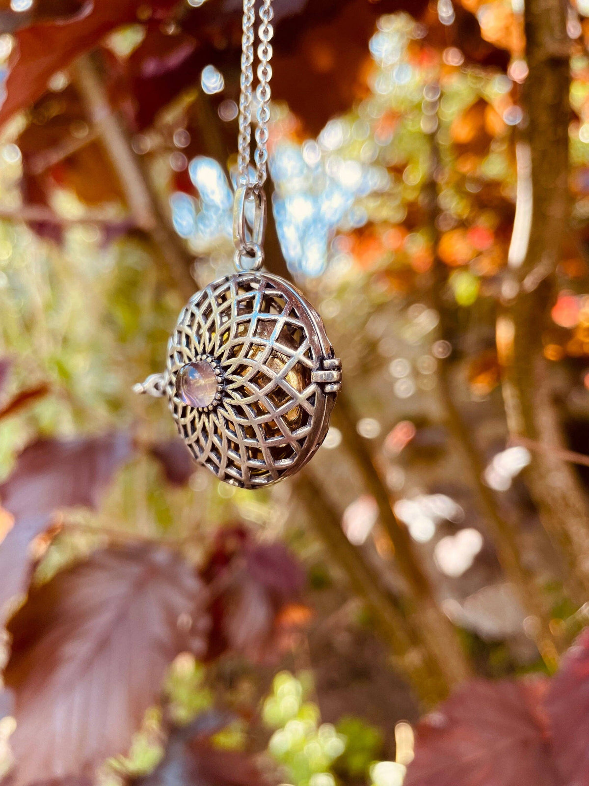 Silver Bola Necklace Brass & Amethyst / Pregnancy / Hypoallergenic / Harmony Ball / Chimes / Bell / Vegan / Ethnic / Boho  / Hippie /