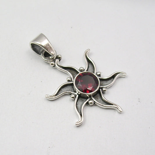 Faceted Garnet Sun Sterling Silver Pendant