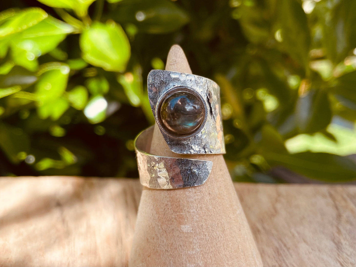 Hammered Silver Ring Labradorite, Adjustable Boho Silver Ring