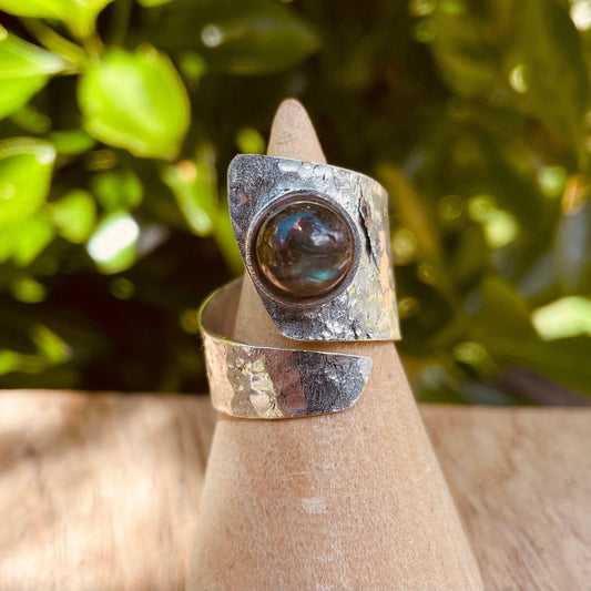 Hammered Silver Ring Labradorite, Adjustable Boho Silver Ring